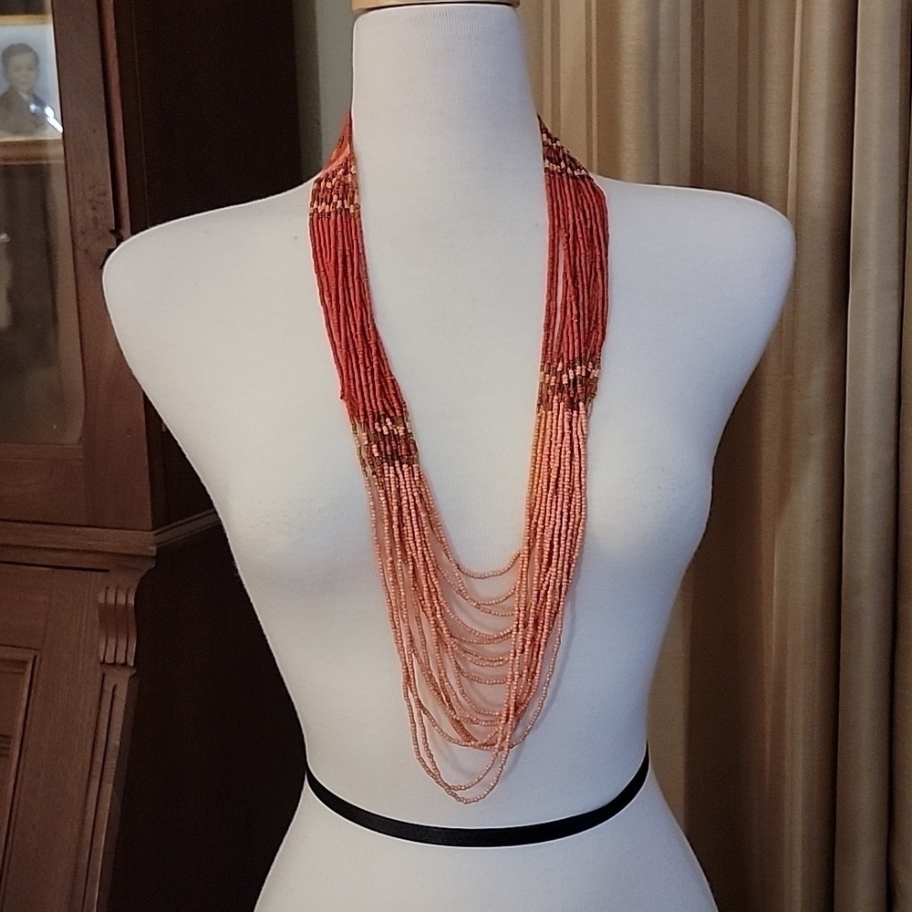Beaded Multistrand Necklace Red and Orange
